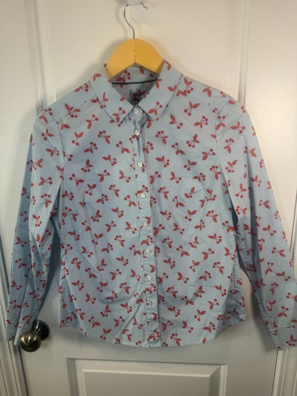 Boden The Cotton Shirt Light Blue Red Cherry Print Button Down Blouse Size 4R